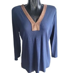 Ralph Lauren Navy Top with Brown Faux Suede Trim V Neckline XL